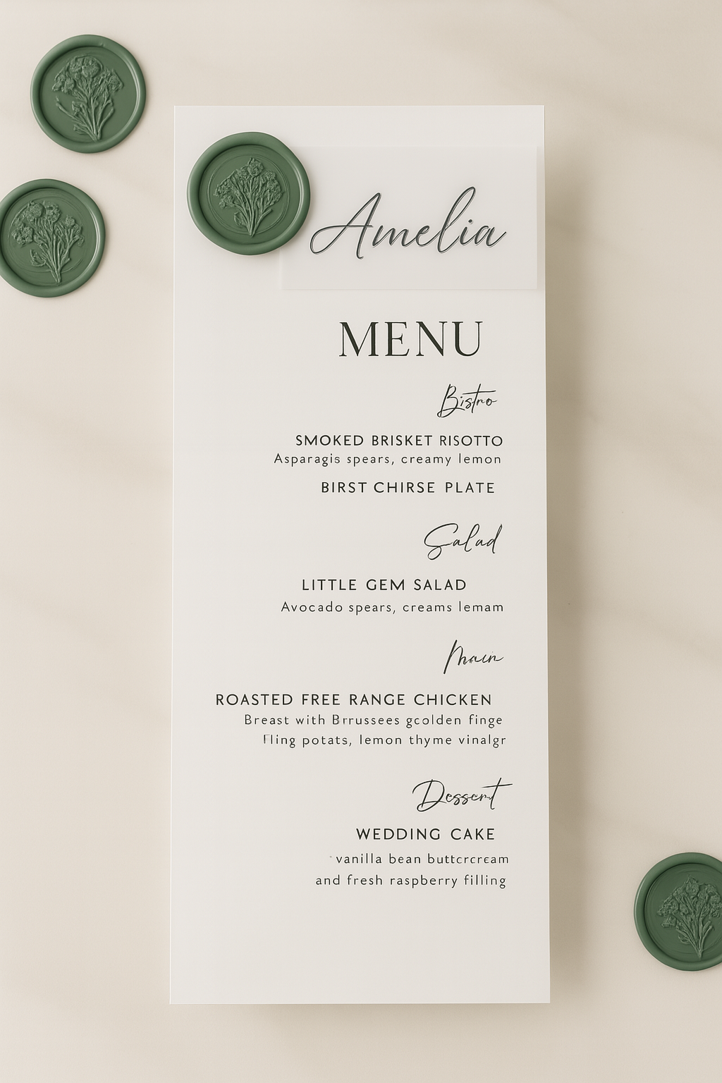 Elegant Wax-Sealed Wedding Menu with Vellum Name Tag