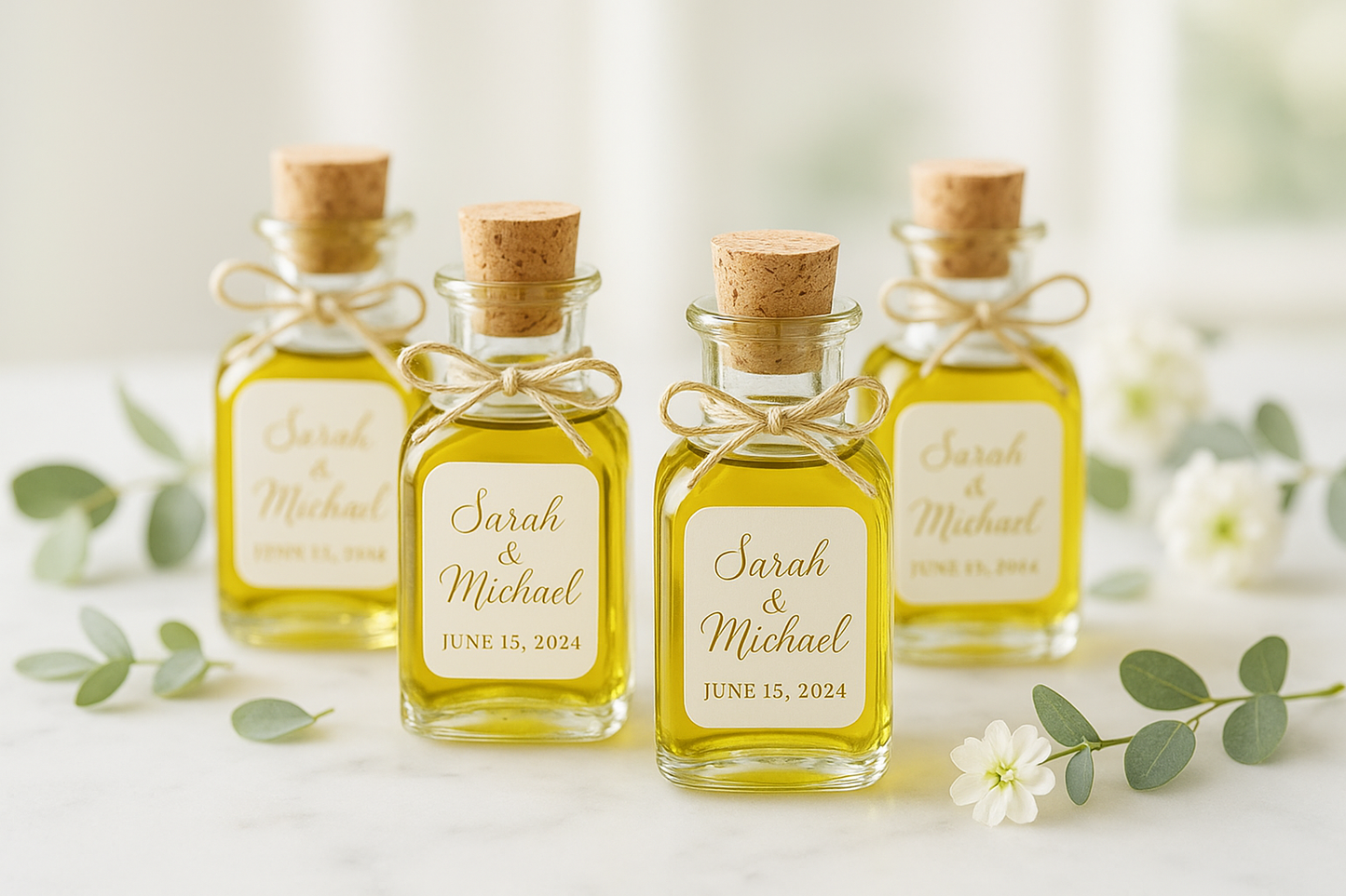 Custom olive oil wedding favors with tags on marble background