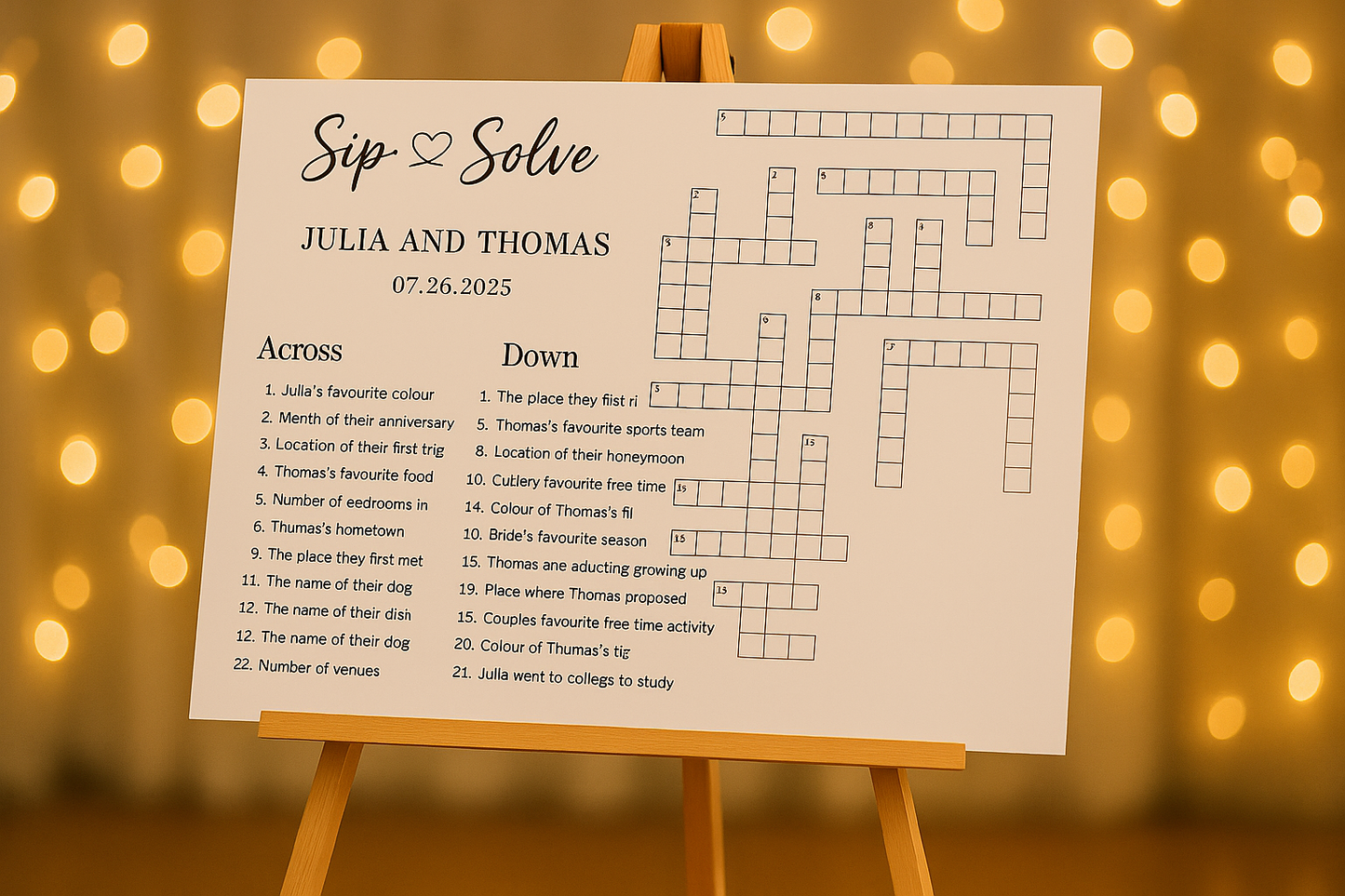 Custom wedding crossword with string lights background