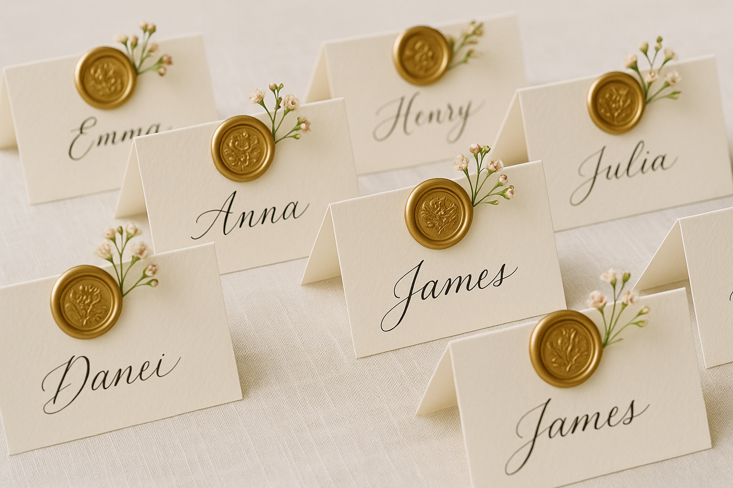 Elegant folded wedding place cards with wax seals and flowers emerging from behind