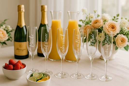Elegant mimosa bar setup with wedding party champagne glasses