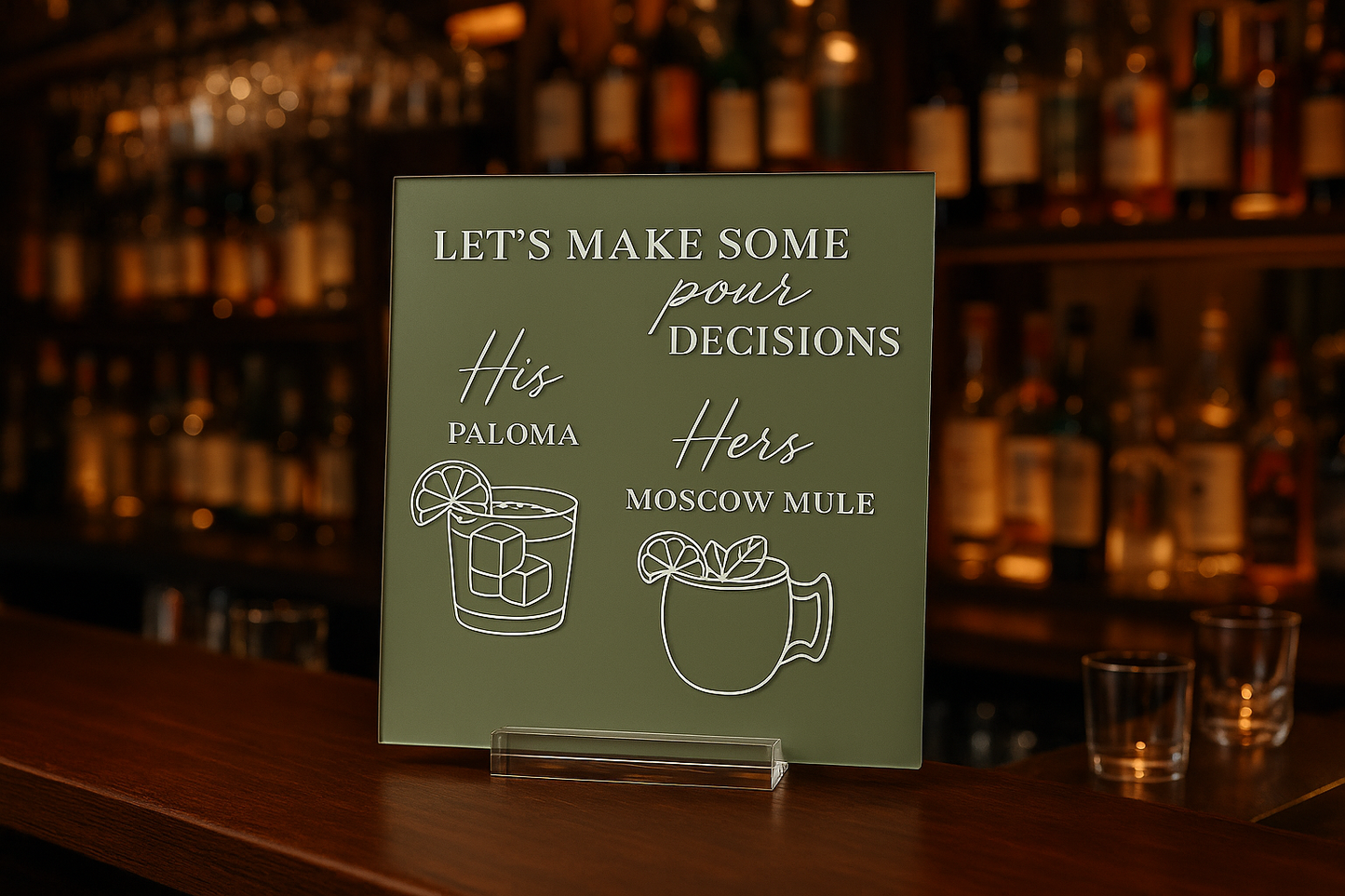 His & Hers Cocktail Sign in Bar Setting