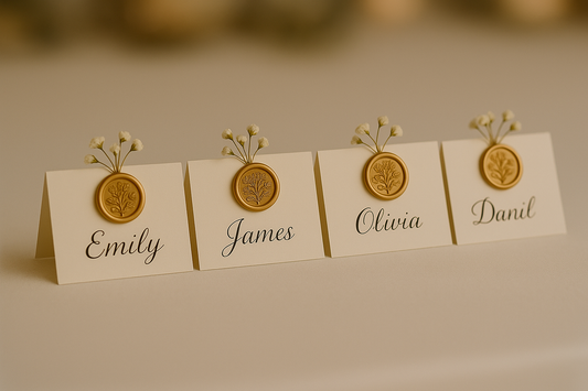Multiple very short place cards with floral wax seals arranged side by side on white table