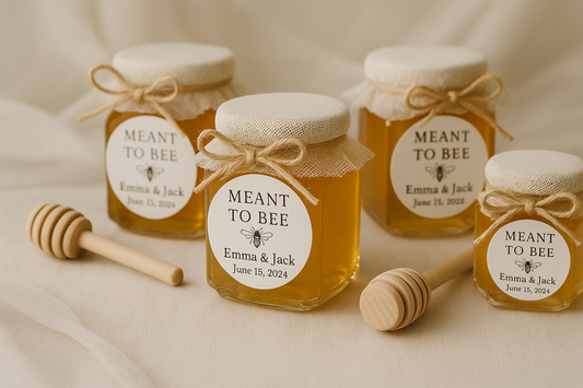 Professional advertising photo of hexagonal honey jar wedding favors with "MEANT TO BEE" labels