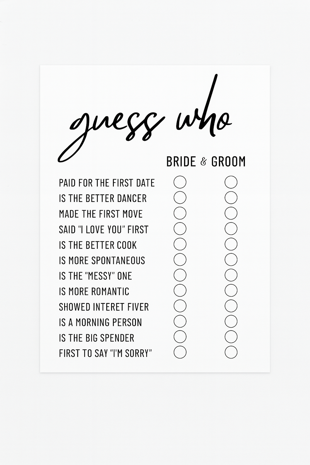 Wedding 'Guess Who' Game Cards