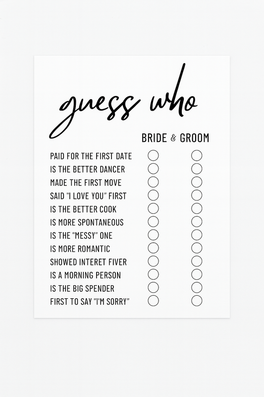 Wedding 'Guess Who' Game Cards