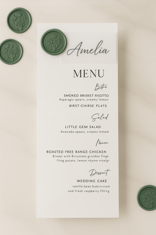 Elegant Wax-Sealed Wedding Menu with Vellum Name Tag