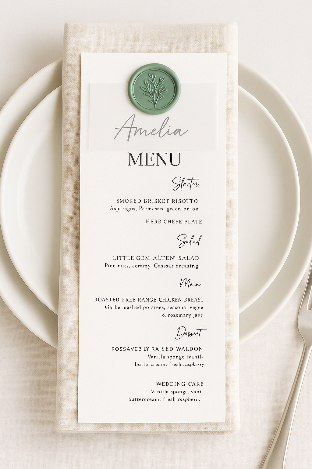 Elegant Wax-Sealed Wedding Menu with Vellum Name Tag