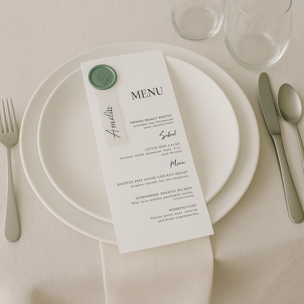 Elegant Wax-Sealed Wedding Menu with Vellum Name Tag