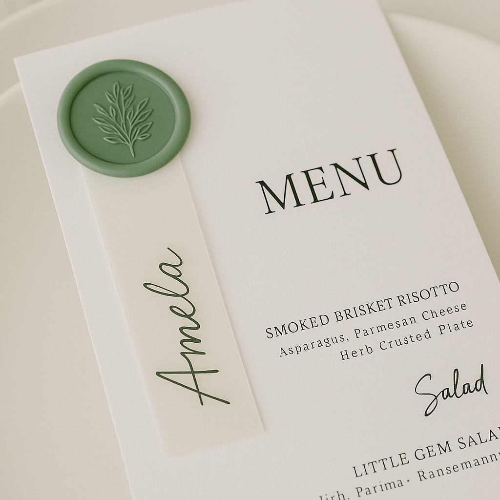 Elegant Wax-Sealed Wedding Menu with Vellum Name Tag