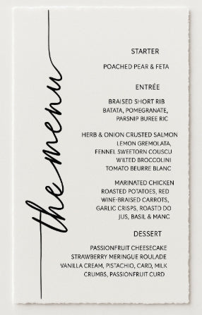 Custom Cotton Paper Wedding Menus with Gold Paperclip Name Tags