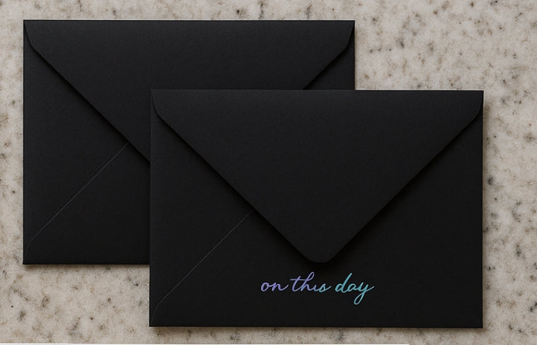 Wedding Card - Black Envelope with Holographic Text and White Wax Seals