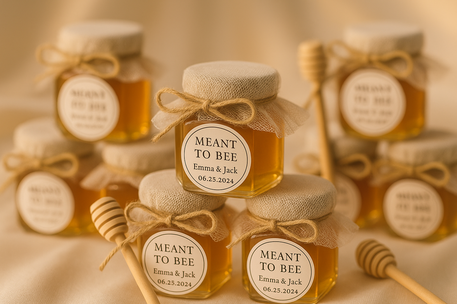 Another elegant advertising display of hexagonal honey jar wedding favors