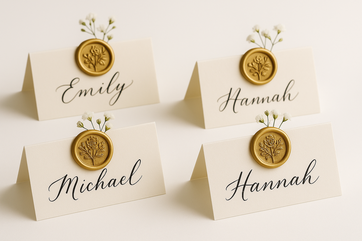 Another professional product photography angle of wedding place cards with floral wax seals
