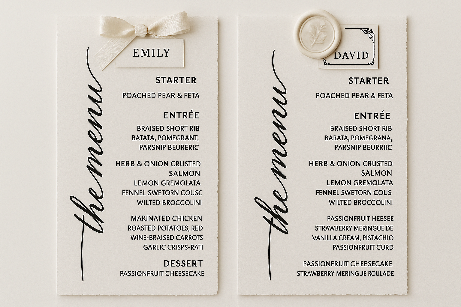 Cotton paper wedding menus with alternative name tag styles