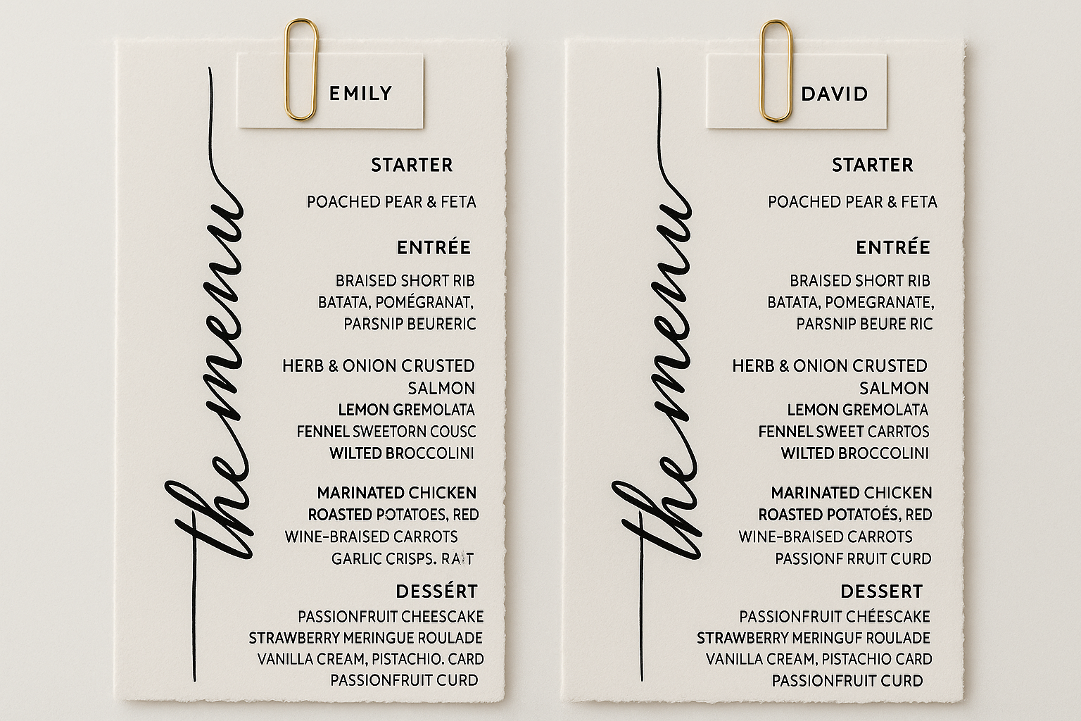 Cotton paper wedding menus with script typography