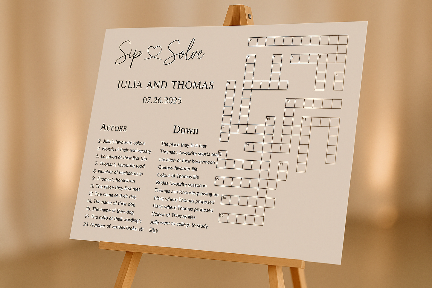 Custom wedding crossword with soft background