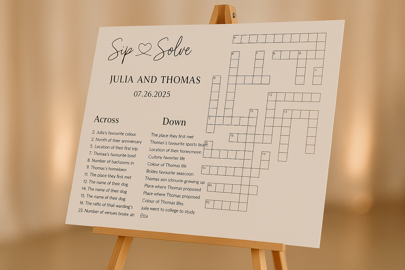 Custom wedding crossword with soft background