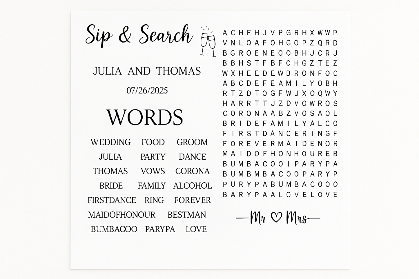 Custom Wedding Word Search