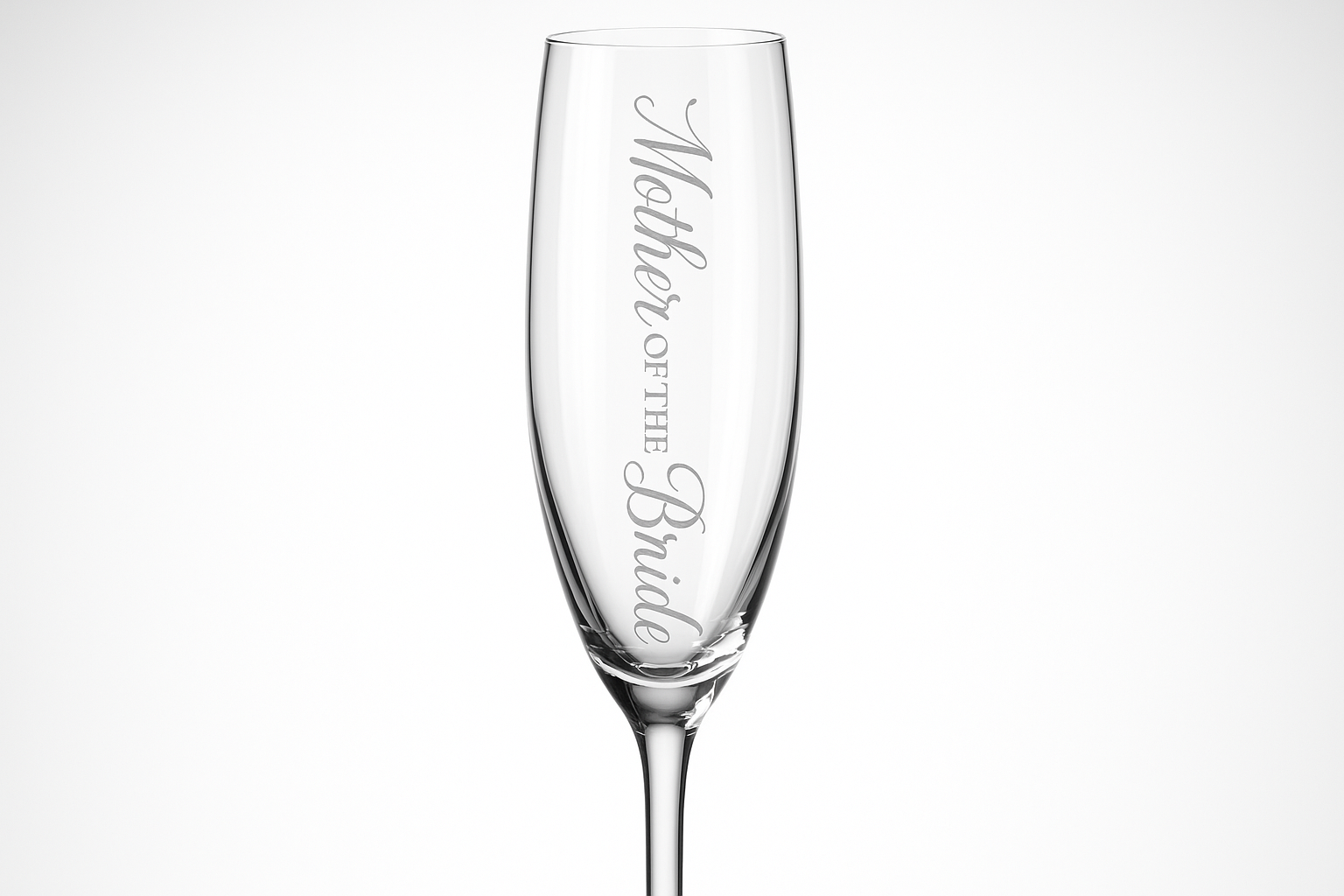 Elegant champagne flute with "Mother of the Bride" etched vertically down the side