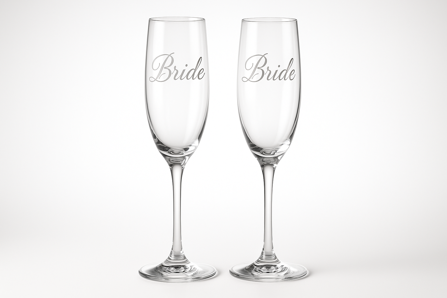 Elegant champagne flutes with "Bride" etched in beautiful script font