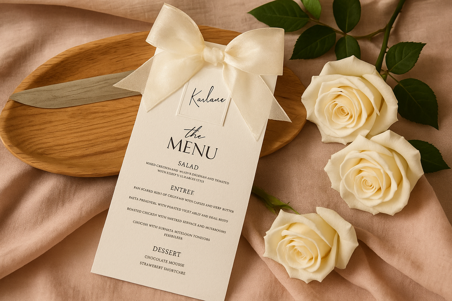 Elegant white wedding menu with ribbon bow in another sophisticated setting