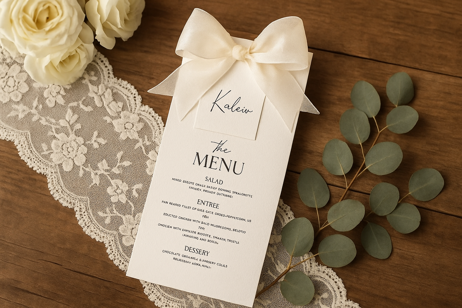 Elegant white wedding menu with ribbon bow in new background setting