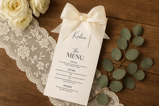Elegant white wedding menu with ribbon bow in new background setting