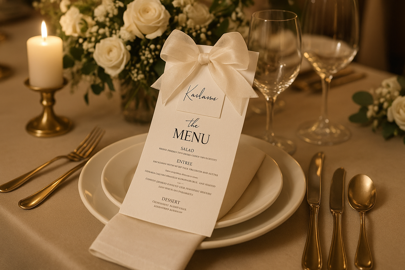 Elegant white wedding menu with ribbon bow on formal dinner table setting