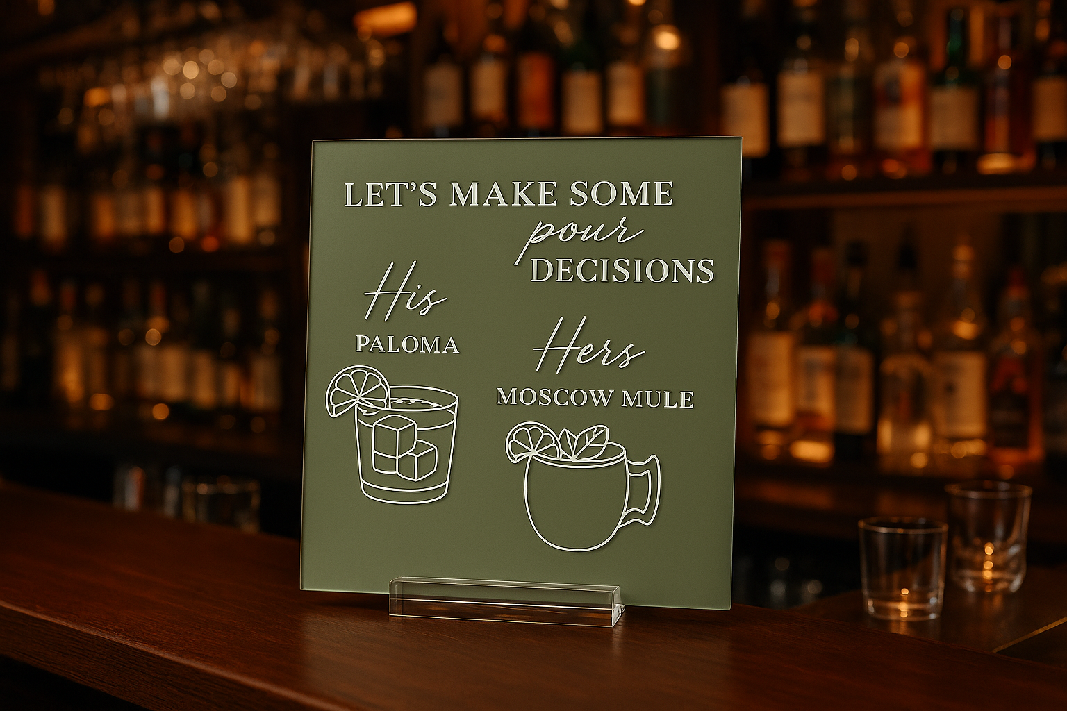 His & Hers Cocktail Sign in Bar Setting