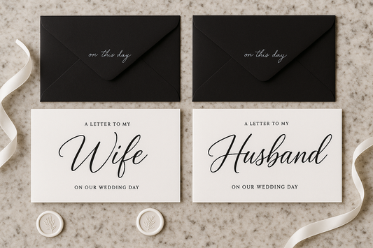 Wedding Card - Black Envelope with Holographic Text and White Wax Seals