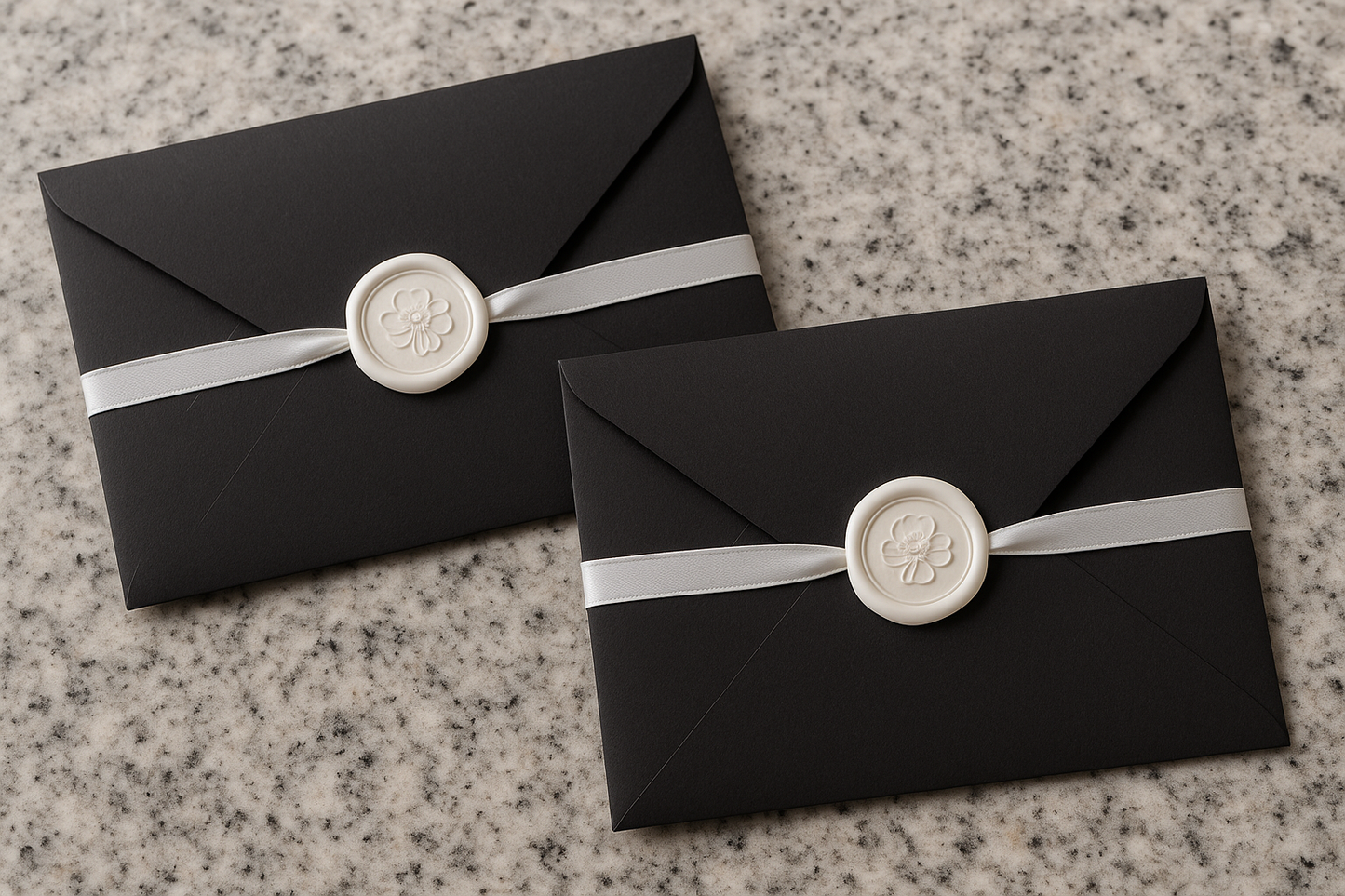 Wedding Card - Black Envelope with Holographic Text and White Wax Seals