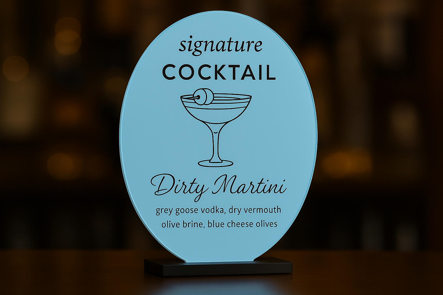Professional acrylic bar sign with light blue vinyl backing