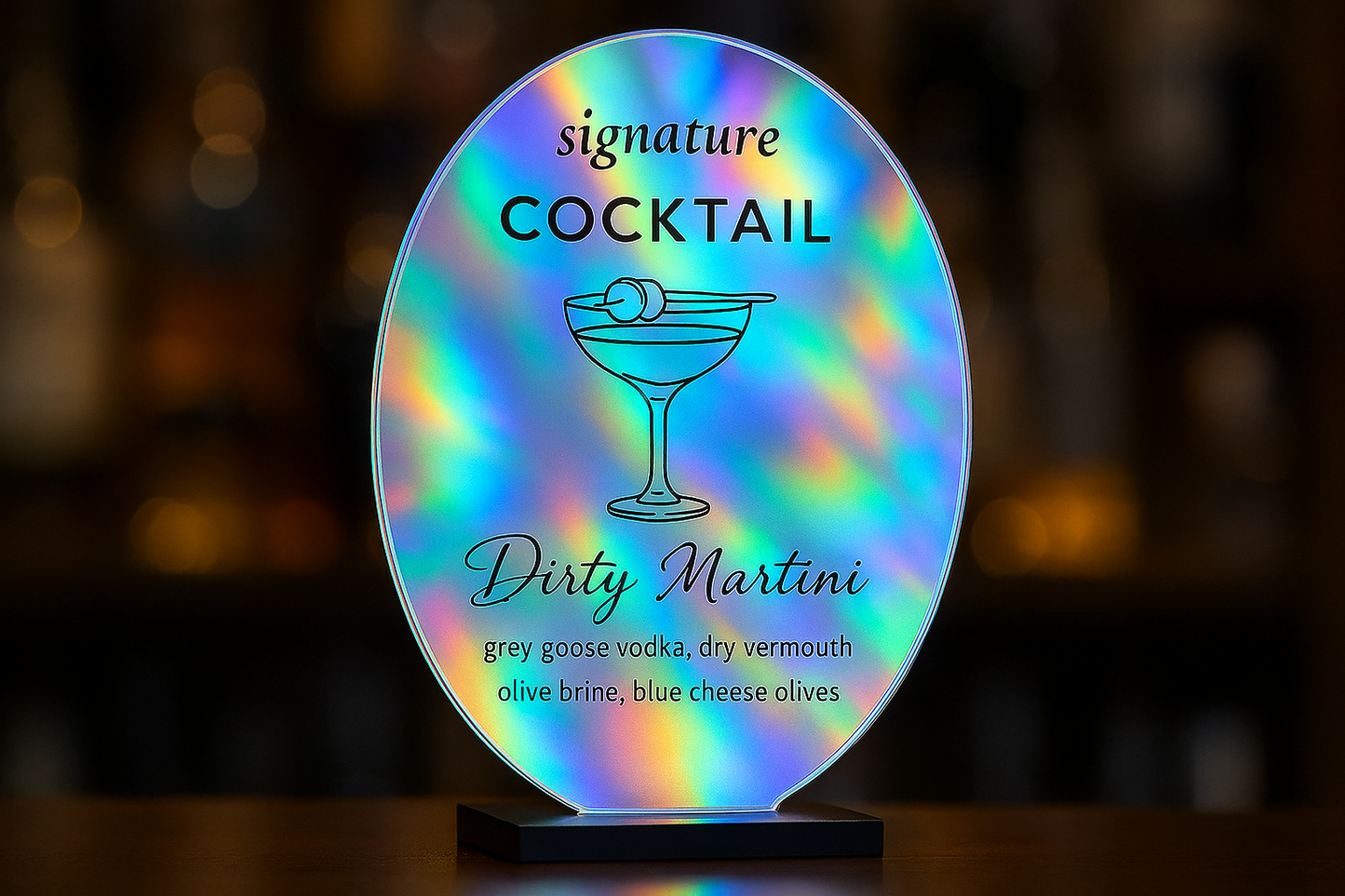 Professional acrylic bar sign with transparent holographic backing