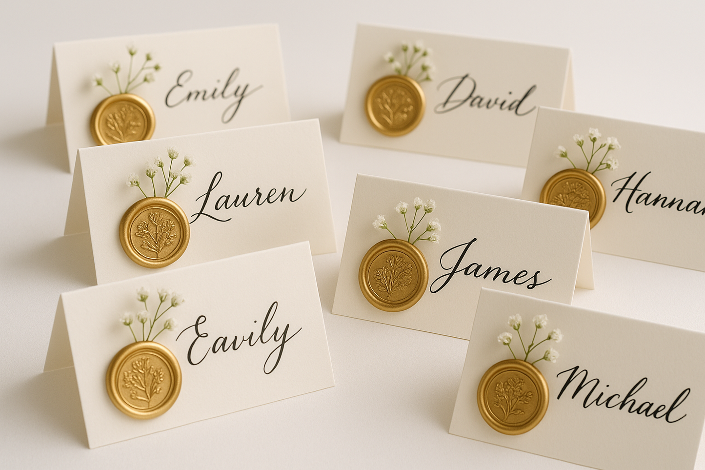 Professional product photography of wedding place cards with floral wax seals for selling