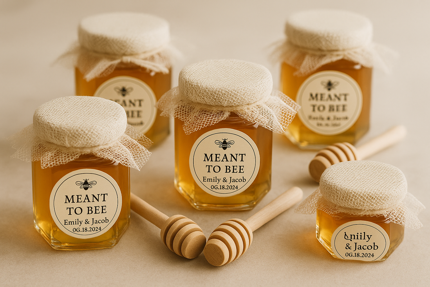 Professional showcase of hexagonal honey jar wedding favors from another angle