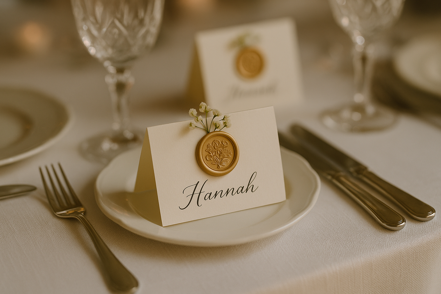 Wedding table setting with place cards featuring floral designs in the wax seals