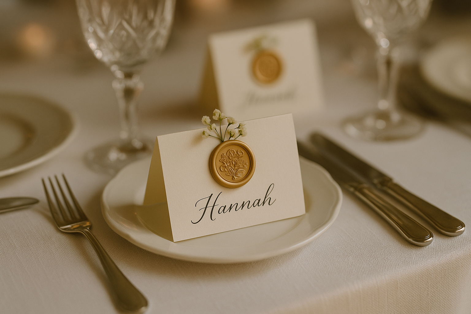 Wedding table setting with place cards featuring floral designs in the wax seals