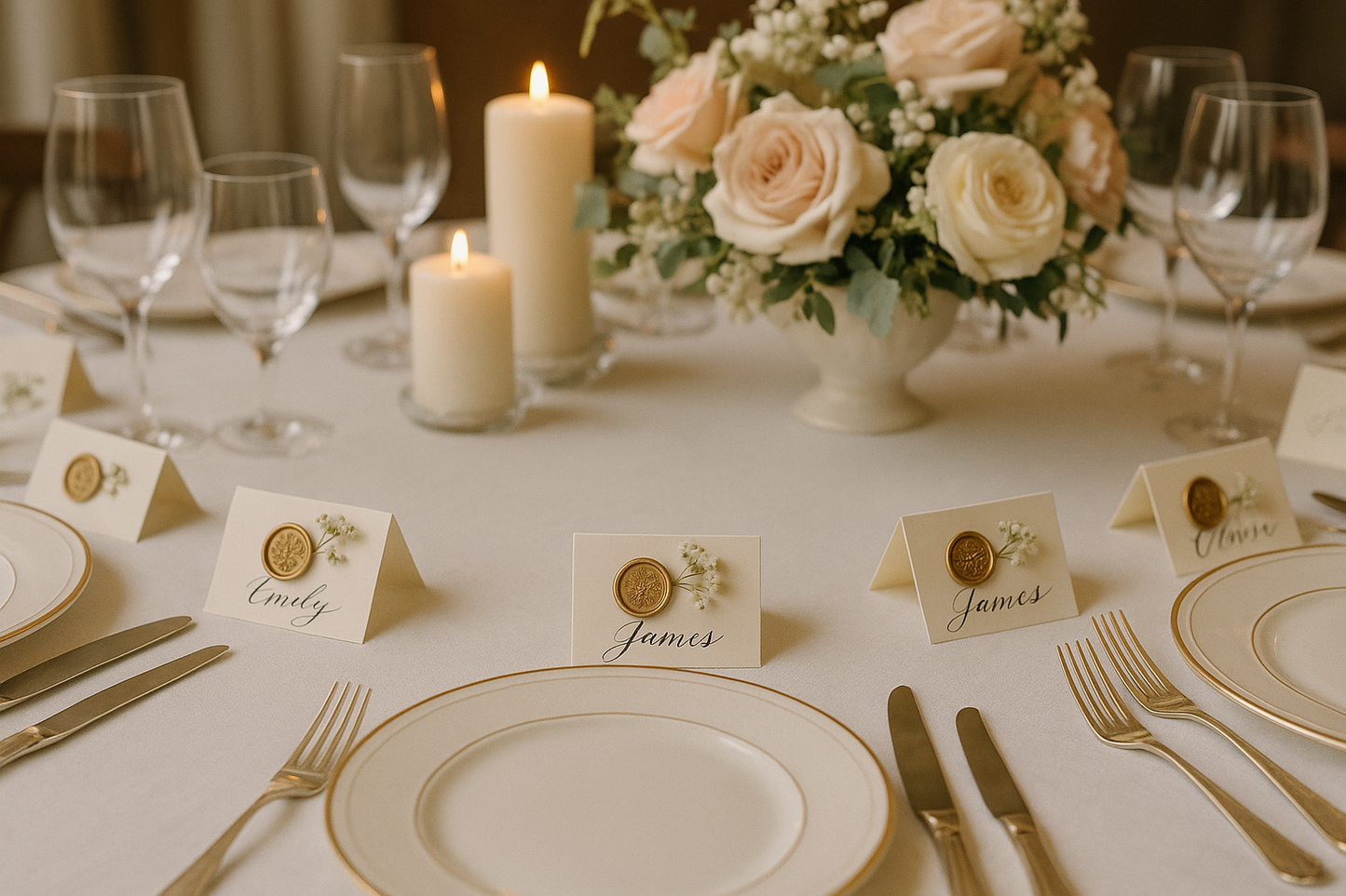 Wedding table setting with place cards featuring floral wax seals positioned around the table