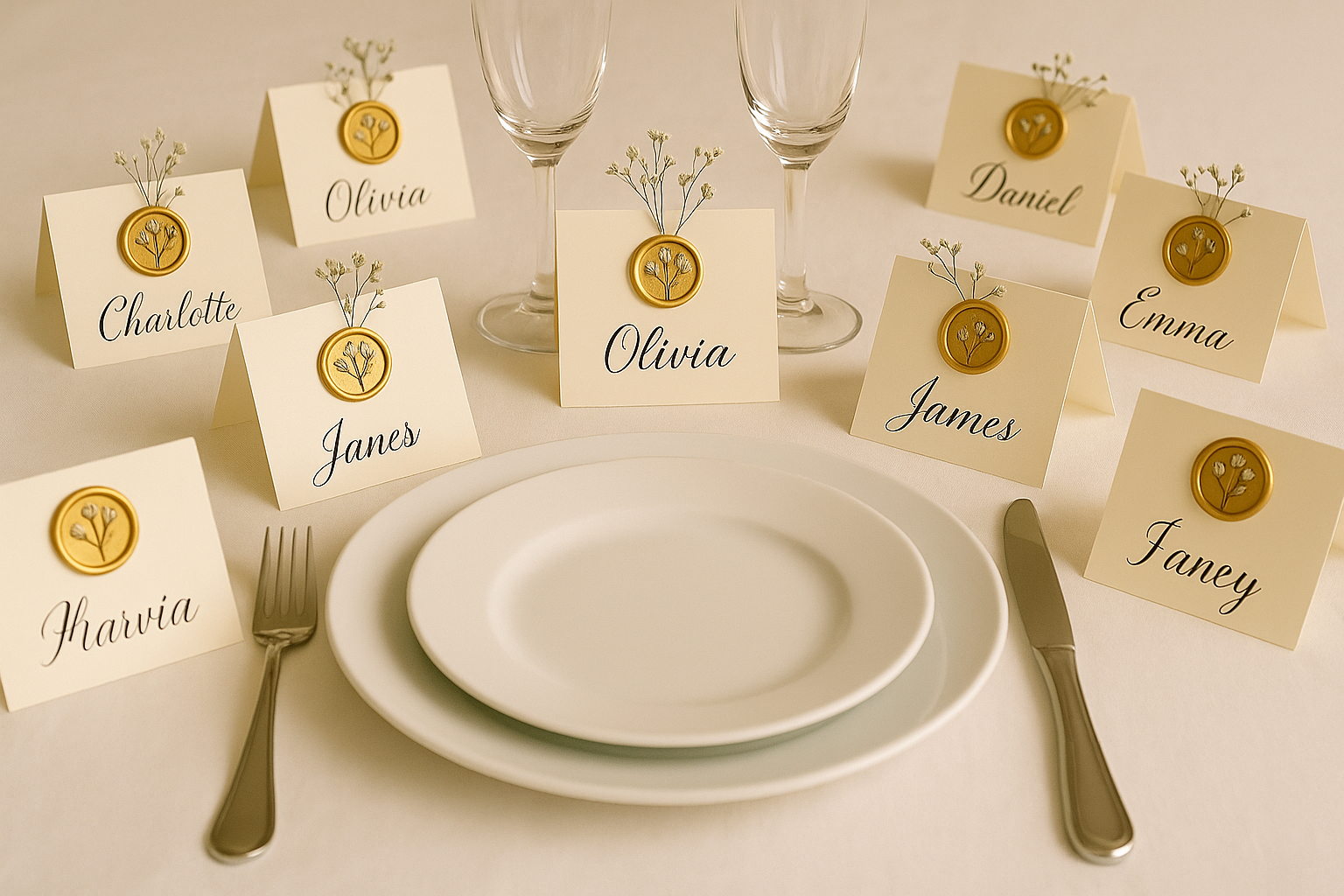 Wedding table setting with rectangular folded place cards positioned as individual name tags