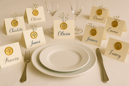Wedding table setting with rectangular folded place cards positioned as individual name tags