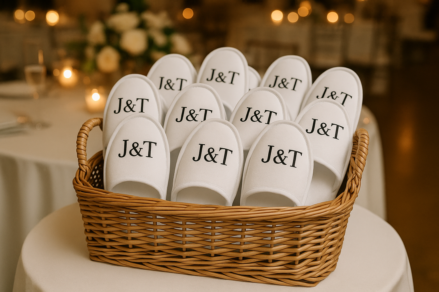 White closed-toe wedding slippers all with J&T vinyl initials displayed in a wicker basket for wedding guests